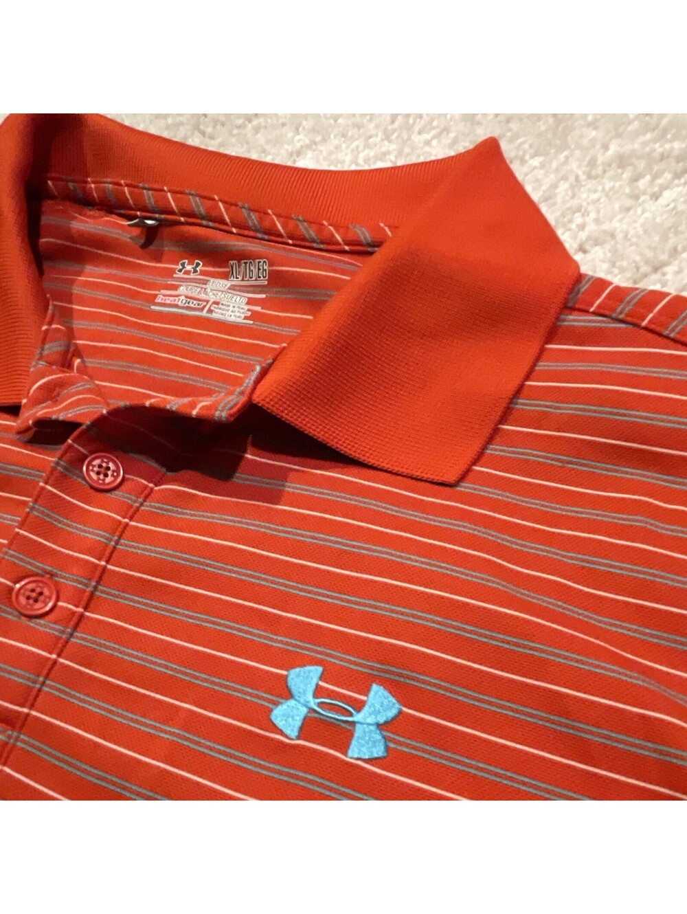 Under Armour HeatGear Men's XL Polo Orange/Blue/Gray/White Striped Logo Button - Picture 3 of 7